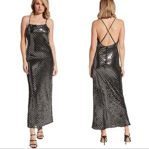 Bardot Cocktail Dress Maxi Black Silver Stripe Sequin Slip Cross Open Back 4 NWT